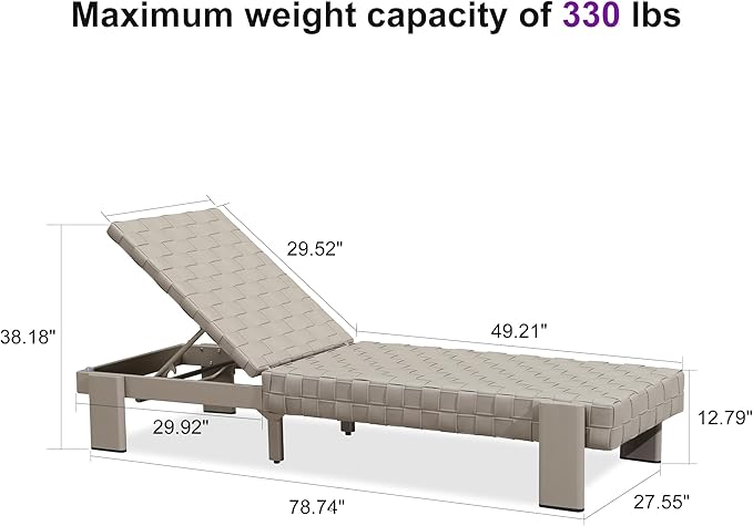 PURPLE LEAF Patio Lounge Chair Modern Luxury Outdoor Chaise Lounge 1 Piece with Adjustable Backrest Aluminum PU Leather Style Chaise Lounge Chairs for Pool Garden Backyard Beach, Tapue