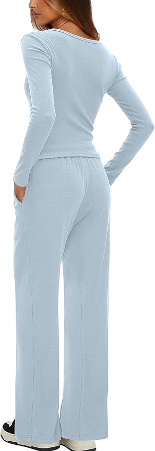 Darong Womens 2 Piece Matching Lounge Sets 2026 Long Sleeve Henley Shirts Wide Leg Pants Airport Travel Outfits