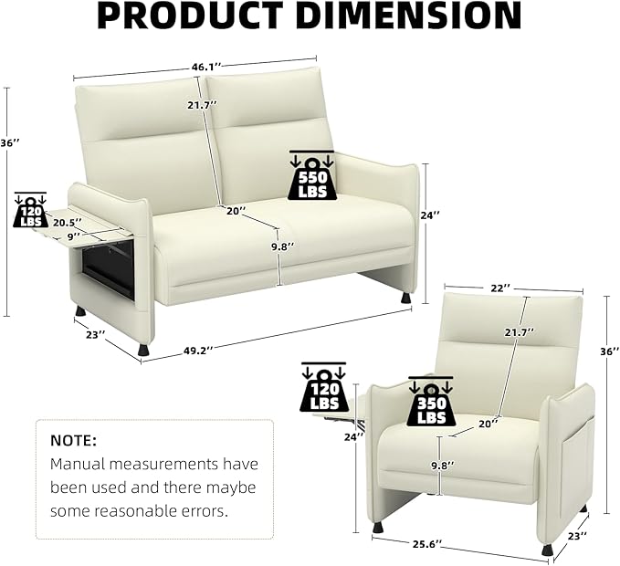 3-Piece Living Room Sofa Set, Faux Leather Loveseat & Accent Chairs Set of 2 with Hidden Foldable Tray & Side Pocket, Front Contour Arm Design, Upholstered Sofa Set for Office, Beige