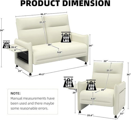 3-Piece Living Room Sofa Set, Faux Leather Loveseat & Accent Chairs Set of 2 with Hidden Foldable Tray & Side Pocket, Front Contour Arm Design, Upholstered Sofa Set for Office, Beige