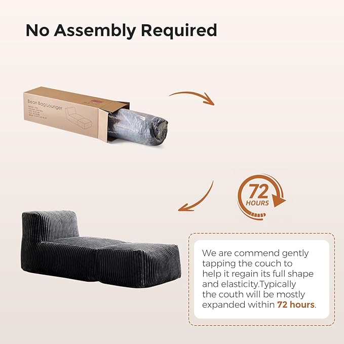Bean Bag Chair, Giant Bean Bag Chairs for Adults, Comfy Corduroy Boneless Chair, Memory Foam Filled Bean Bag Sofa for Living Room, Bedroom, Balcony, Grey