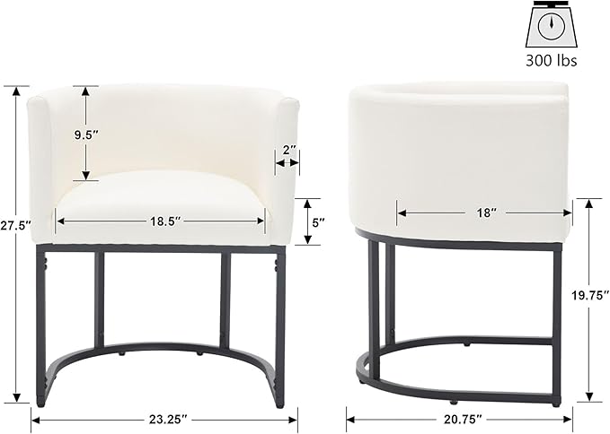 VESCASA Faux Leather Upholstered Dining Chair with Barrel Back, Modern Padded Restaurant Chair with Black Metal Frame for Kitchen, Dining Room, 1 Piece, White