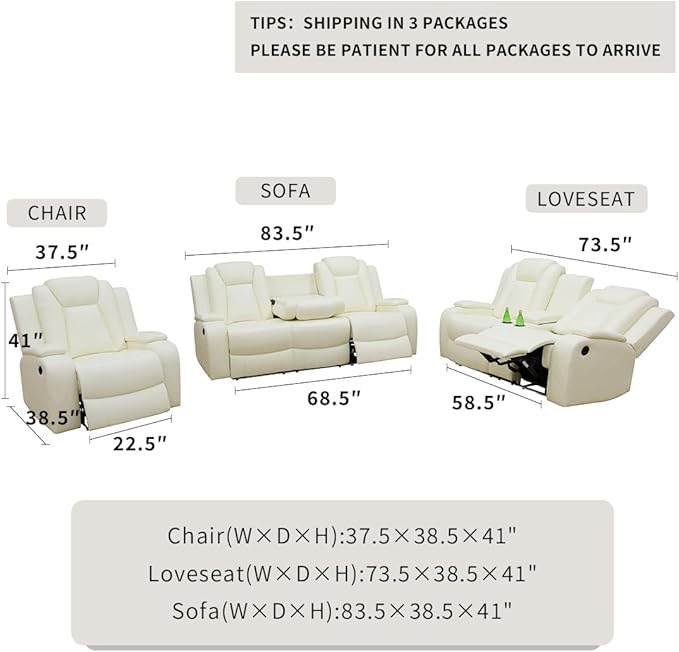 Power Reclining Sofa Set with Drop-down Table, Living Room Furniture Sets, Vanilla White Breathing Leather Sofa Power Sofa and Loveseat with Cup Holders/Storage Console/LED Light for Living Room