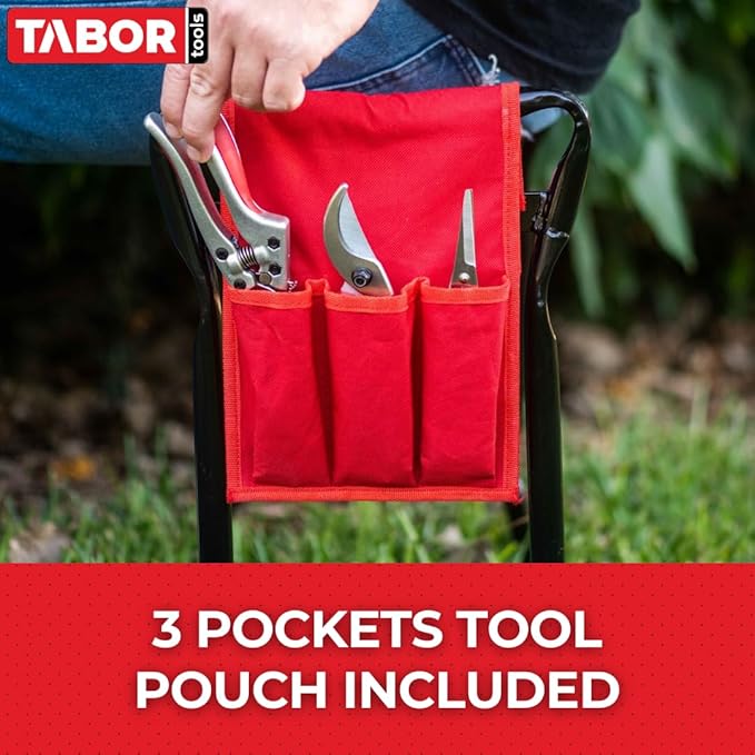 TABOR TOOLS TR2A Garden Kneeler and Seat Bench with Tool Bag Pouch and Foam Pad Cushion, Workseat with Kneeling Bench Option, Light Weight Foldable Stool, Portable Outdoor Kneeler for Gardening.