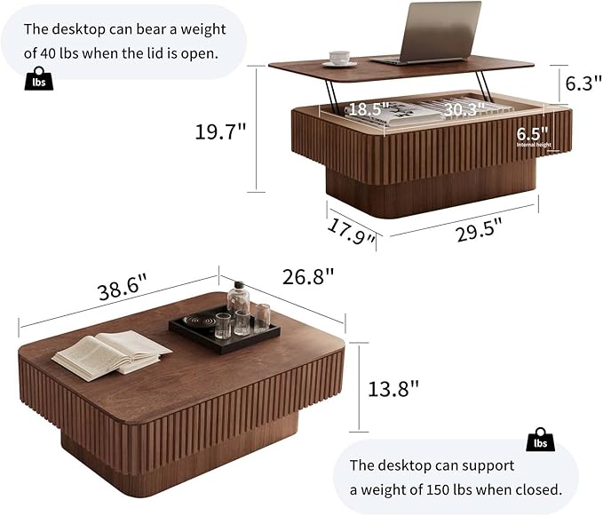 FGXJY Lift Coffee Table with Storage & Adjustable Height, Solid Wood Coffee Table Fluted Center Table Accent Tea Table or Living Room, Apartment, Office (38.6" Walnut)