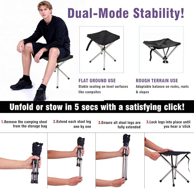 JVZI® Ultra-Light Backpacking Camping Stool - 275lbs Capacity, 1-Second Setup | Waterproof, Dual-Height Design for Camping, Bonfire,Fishing & Queues (2)