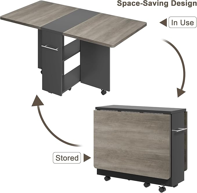 IDEALHOUSE Folding Dining Table, Drop Leaf Dining Table with 6 Wheels and 2-Layer Storage Shelf, Space Saving Kitchen Table for Small Spaces (Slate Oak, 47.2" D x 23.6" W x 29.5" H)