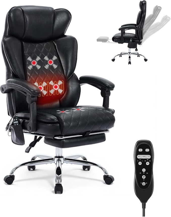 Massage Chair with Footrest and Wider Upholstered Seat, Ergonomic Executive Vibration & Heat Office Chair for Heavy People, Big and Tall Reclining Desk Office Chair for Home Office, Black