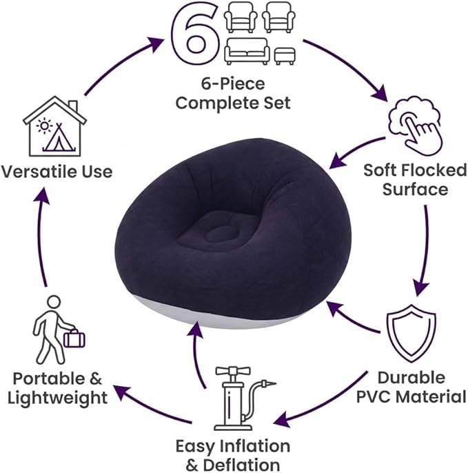 DYRABREST 6 Pcs Bean Bag Chairs for Adults, Inflatable Chairs with Air Pump, Folding Blow Up Couch, Flocking Portable Lazy Sofa for Movie Night, Living Room, Camping, 331 lbs Load-Bearing Capacity