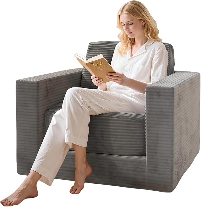 Bean Bag Chair, Large Beanbag Chair for Adults, Comfy Foam Floor Sofa with Pillows and Armrests, Plush Chair Bean Bag Couch for Bedroom Living Room (Plush Corduroy Fabric, Grey)