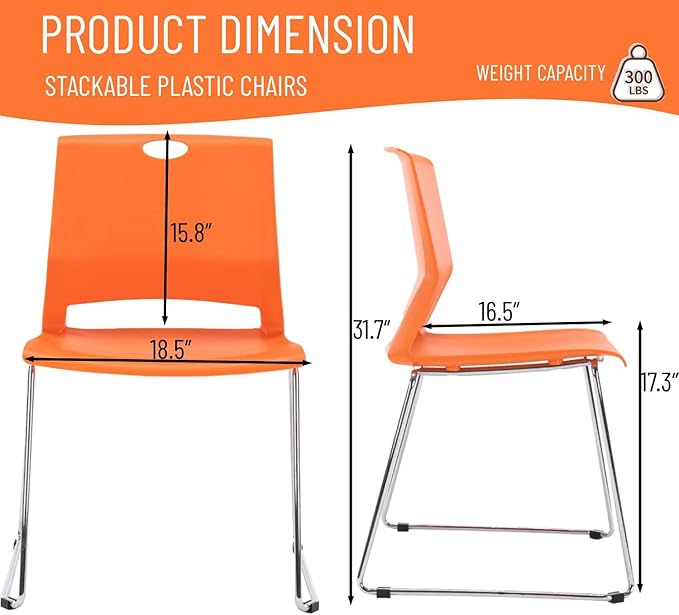 Set of 4 Stackable Chairs with Sled Base Reception Guest Chair Stacking Chairs for Office/Waiting Room/Conference Room/Guest Reception/Events/Churches, Orange.