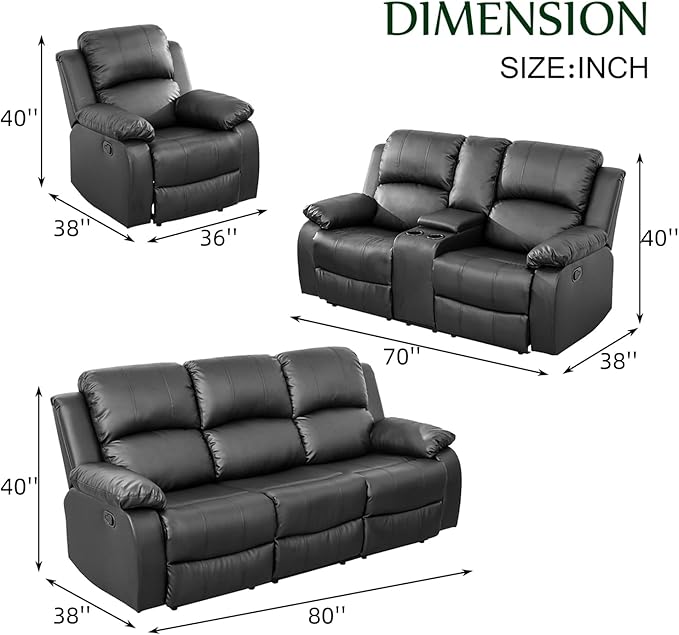 Caberryne Leather Recliner Sofa Set，Leather Reclining Couch for Living Room Furniture Sets，Black Recliner Couch with 5 Recliners for Living Room/Office/Theater Seating(Sofa Set 3 Pieces)