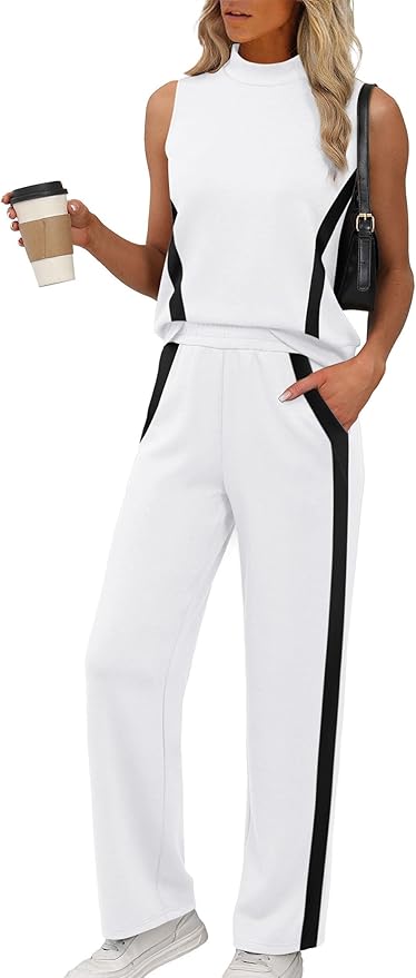 XIEERDUO Two Piece Sets for Women Summer Outfits Travel Mock Neck Lounge Sets Wide Leg Pants Beach Vacation Clothes