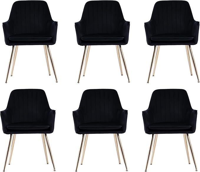 Purgreen Velvet Dining Chair Set of 6 - Modern Mid-Back Accent Chair with Gold Plating Legs - Comfy Upholstered Chair for Living Room，Restaurant & Reception Room (Velvet Black, Set of 6)