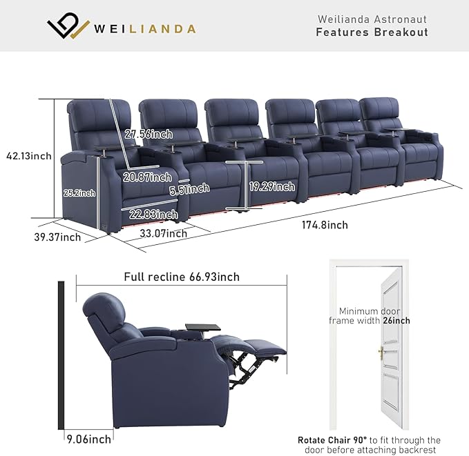 Weilianda Home Theater Seating, Top Grain Leather Sectional Seats Recliner Chair, Zero Gravity Reclining Sofa with Power Headrest 7 Colors Ambient Lighting USB C Charge Row of 6 Blue