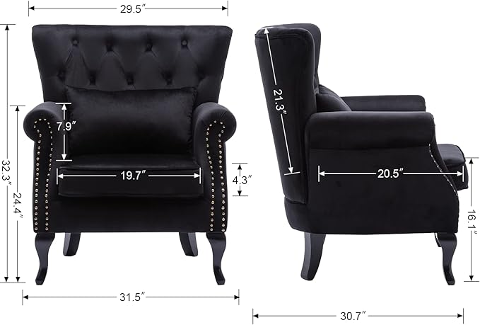 Janoray Mid Century Modern Accent Chair Upholstered Armchair Comfy Velvet Fabric Single Sofa with Tufted Wingback for Small Spaces Bedroom Living Room, Black
