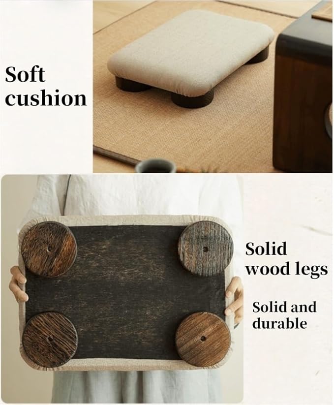 Japanese Tatami Low Stool, Solid-Wood Floor Chair with Cushioned Linen, Bedside Bench or Low Table Seating, Footrest for Meditation(48 * 35 * 8cm)