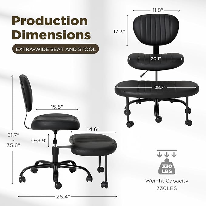 HOMHUM Ergonomic 360 Swivel Cross Legged Chair, Adjustable Height Active Sitting Chair with Lumbar Support, Multifunctional Wheeled Meditation Floor Chair for Gaming, Yoga, Black