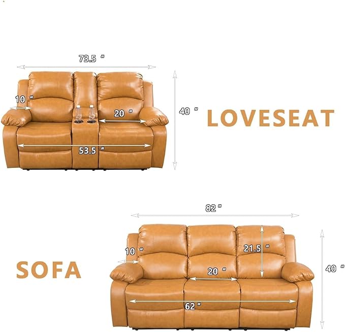 AYCP Bonded Leather Living Room Furniture Set Reclining Sofa Set Loveseat Furniture Sets in Living Room Sofa Recliners (Sofa+Loveseat, Ginger)