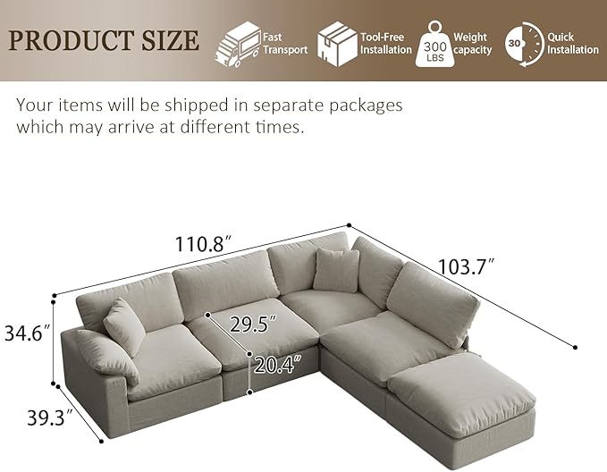 Forest aesthetics 143" Cloud Modular Sectional Sofa,Light Beige Down Filled Sofa 4 Seat with Chaise,Minimalist Sofa Cover Washable and Replaceable Couches for Living Room,Sectional Sofa Deep Seat