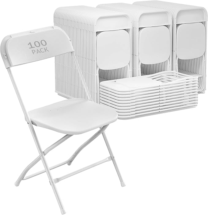 100 Pack White Plastic Folding Chair for Indoor Outdoor, 350 lb Capacity, Foldable Commercial Stacking Chairs with Steel Frame for Office Wedding Party Events