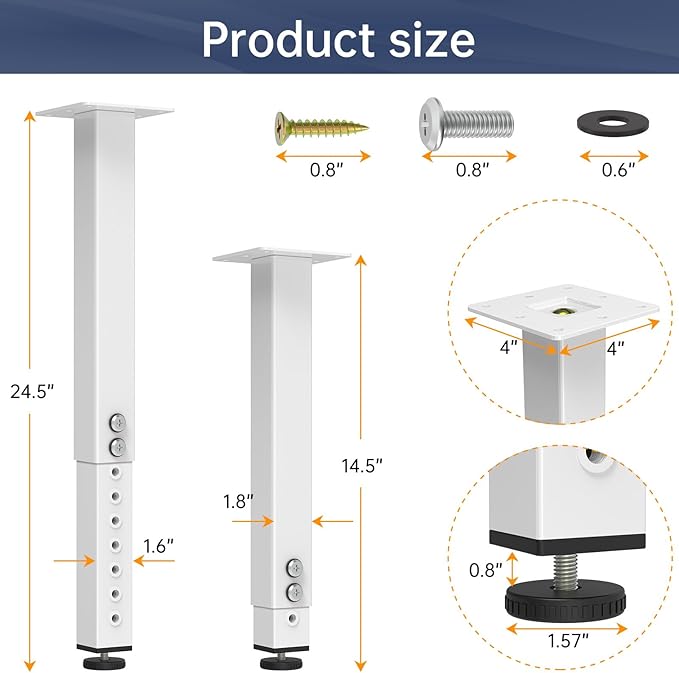 POROHOM 2PCS Adjustable Square Table Leg (14-24inch)，Metal Desk Legs, Home Office DIY Furniture Leg Set for Tables, DIY desks, Counter Tops, Kitchen Tables,Office Desk (White)
