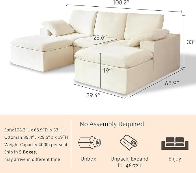ANONER 108" Cloud Sectional Couches for Living Room, Modular U Shaped Boneless Couch with 2 Ottomans, Deep Seats Chenille Modern Sofa, No Assembly Cloud Couch, Convertible, Beige