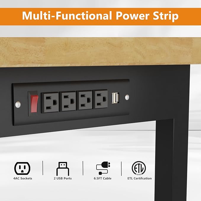 48" Heavy-Duty Solid Work Bench with Power Outlets, Adjustable Height Workbench with Rubber Pad, 2000 LBS Capacity Work Table for Garage, Workshop, Office, Home