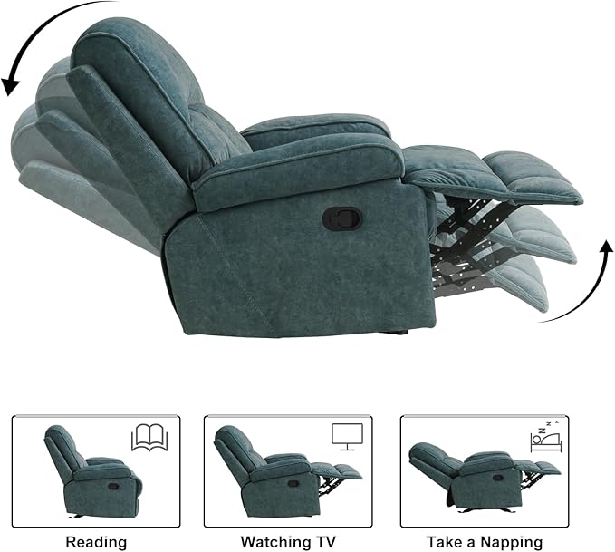 KeyEnergy Manual Rocker Recliner Chair for Adults, High Back Glider with Deep Seat, Upholstered Fabric Armchair for Living Room & Nursery, Blue