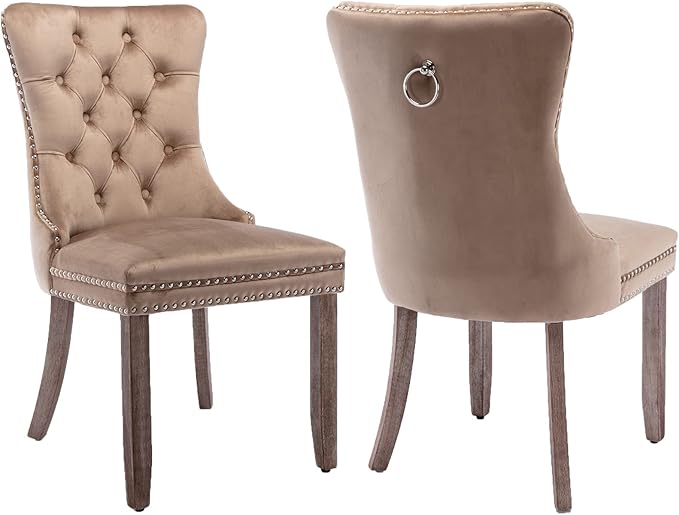 YeahFurn Espresso Brown Mid Century Modern Dining Chairs Set of 2, Velvet Upholstered Kitchen & Dining Room Chairs with Nailhead Trim & Solid Wood Legs, Elegant Sillas De Comedor (Coffee, 2 Pcs)