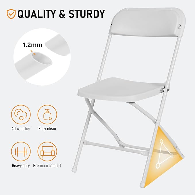 90 Pack White Plastic Folding Chair for Indoor Outdoor, 350 lb Capacity, Foldable Commercial Stacking Chairs with Steel Frame for Office Wedding Party Events