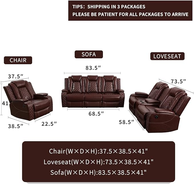 Dekmxas Power Reclining Sofa Set, Leather Recliner, Brown Sectional Power Recliner Living Room Furniture Sets with LED Light, Leather Chair for Living Room Sofa Set for Bedroom/Home/Office