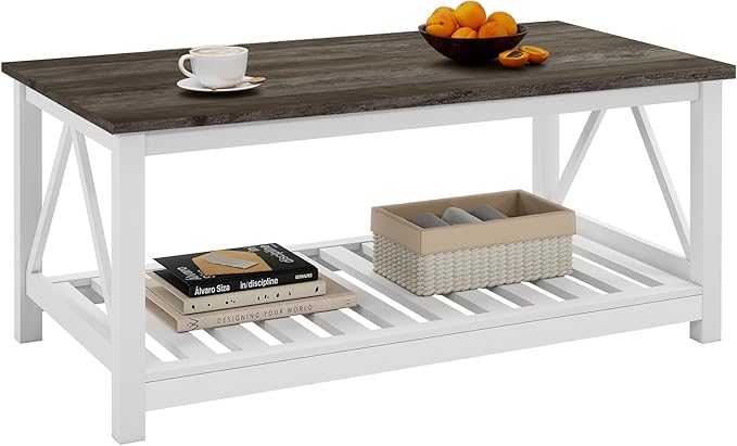 UYIHOME Farmhouse Coffee Table, White OakCoffee Table for Living Room, 2-Tier Rectangular Wooden Centre Cocktail Table with Slats Shelf Storage and V-Shaped Frame Modern Coffee Table Dark Oak