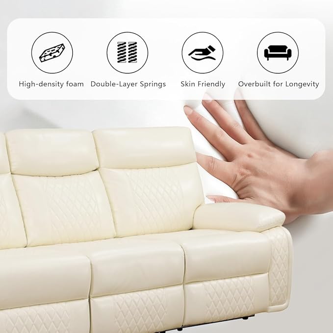 Toseslo Power Leather Sofa and 2 Chairs Set, Recliner Sofa Set with LED Light, Living Room Furniture Sets, Modern Power Reclining Sets with Cup Holder/Storage Console for House, Vanilla White
