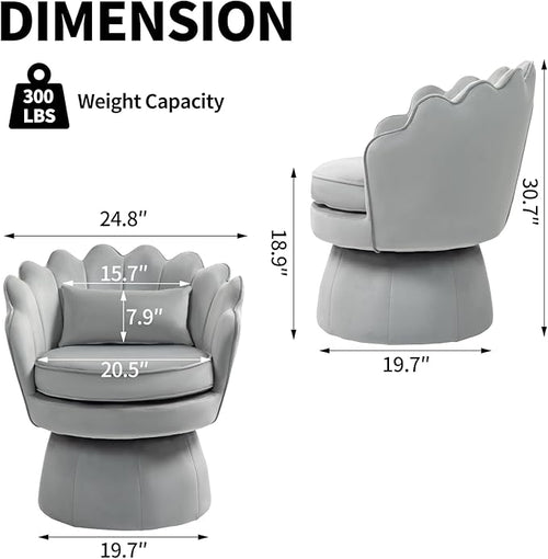 360° Swivel Accent Chair, Mid-Century Modern Velvet Barrel Chair, Comfy Shell Shape Arm Chair with Lumbar Pillow for Living Room, Bedroom, Office, Grey
