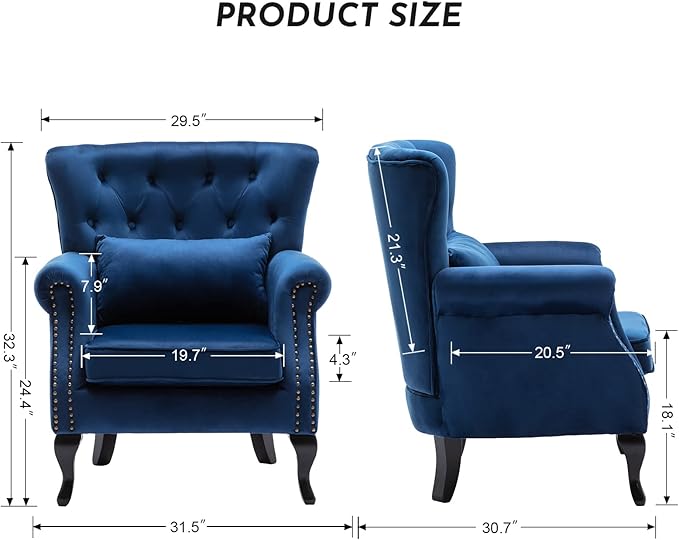LZAREAL Accent Reading Arm Chairs Set of 2 for Living Room Bedroom, Midcentury Modern Comfy Corner Sofa Chair, Wingback Waiting Room Club Chair with Button Tufted Back &Lumbar Pillow, Velvet Blue
