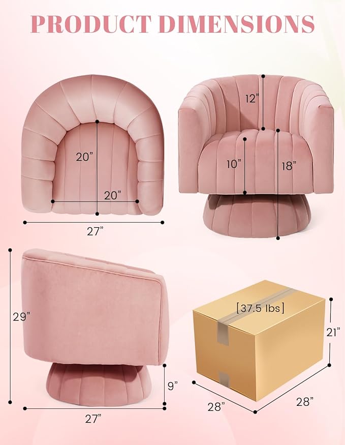 Kromax Swivel Accent Chair with Armrest, Set of 2, Mid Century 360 Degree Swivel Barrel Chair Overstuffed Tufted Velvet, Ideal for Living Room, Bedroom, Reading Room, Light Pink