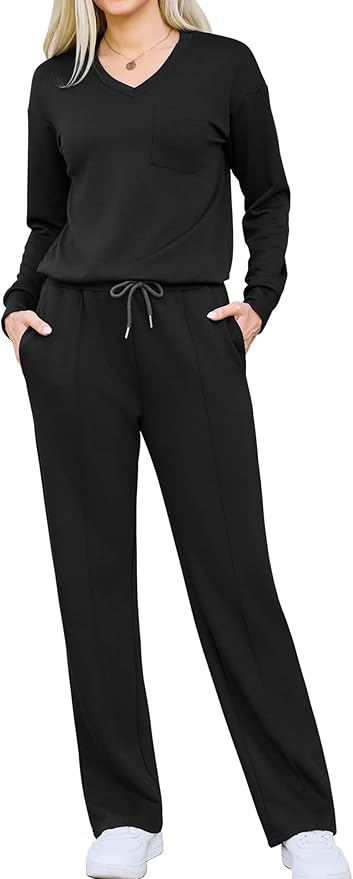 difficort Women's 2 Piece Lounge Sets Casual Travel Airport Outfits Side Slit V-Neck Tops & Wide Leg Pants Matching Set