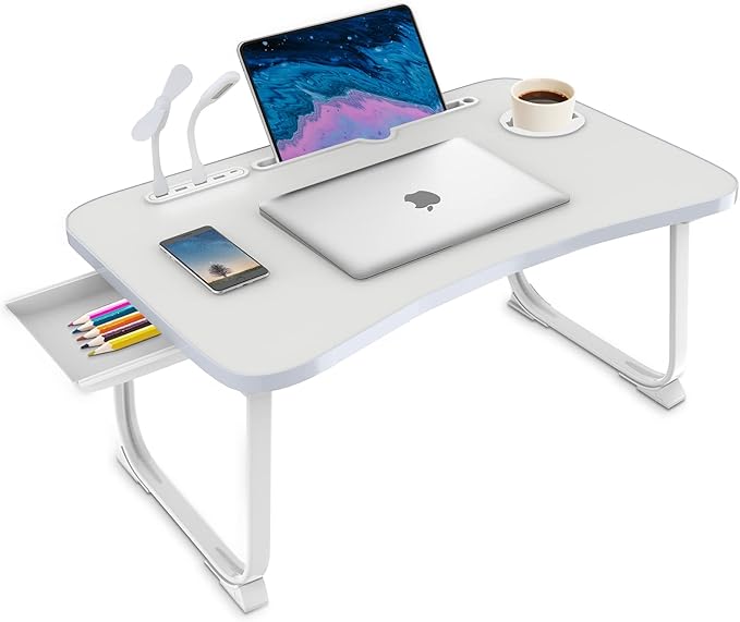 Fayquaze Laptop Bed Desk, Portable Foldable Lap Bed Table with USB Charge Port Storage Drawer and Cup Holder,Lap Desk Laptop Stand Tray Table Serving Tray for Eating, Reading and Working
