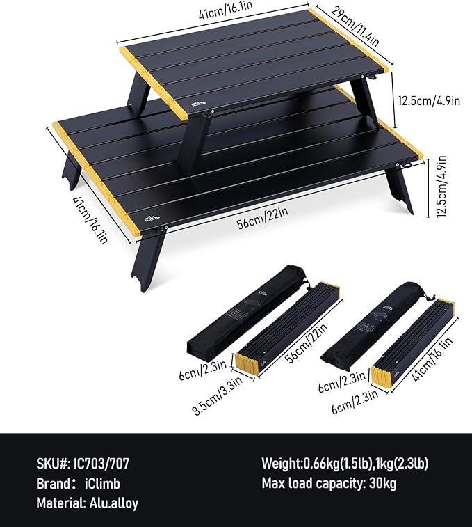 iClimb Ultralight Compact Mini Beach Picnic Folding Alu. Table with Carry Bag, Two Size (Black - S)