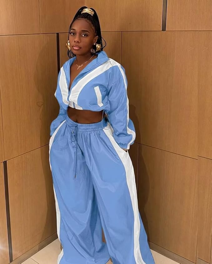 Women Striped 2 Piece Outfits Fall Workout Sets Windbreaker Tracksuit Crop Jacket Wide Leg Pants with Pockets