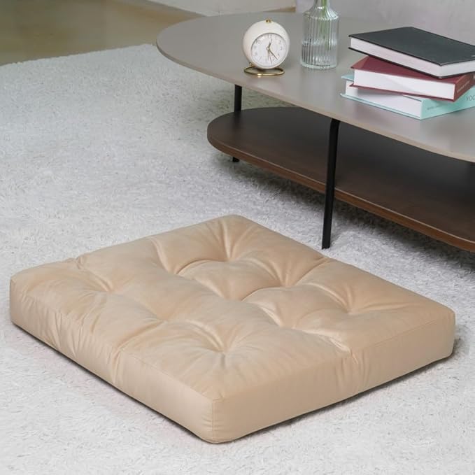 Velvet Floor Pillow, Square Large Pillows Seating for Adults, Beige Tufted Cushions for Meditation, Yoga, Tatami, Living Room, Chair Booster, Machine-Washable & Dryer-Safe, Beige, 22x22 Inch