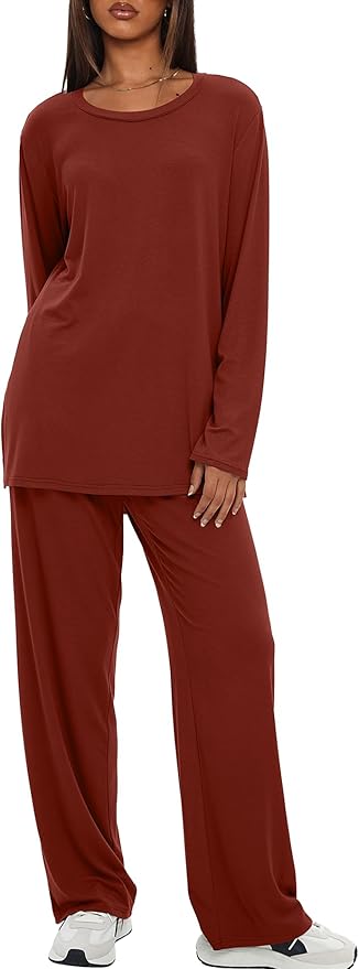 Darong Women's 2 Piece Lounge Set Casual Long Sleeve Crew Neck Tops Wide Leg Pants Travel Airport Outfit Matching Sets