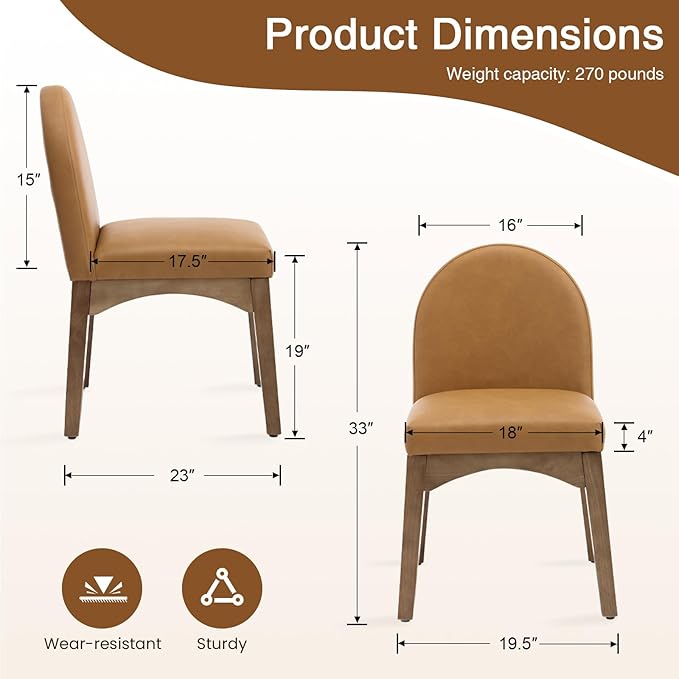 DUOMAY Modern Dining Chairs Set of 2, Mid Century Faux Leather Dining Room Chairs Upholstered Kitchen Chairs with Solid Rubberwood Legs, Armless Accent Side Chairs, Brown