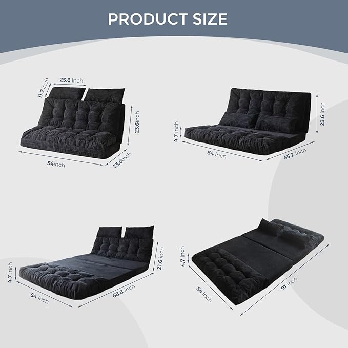 MAXYOYO Bean Bag Bed Tufted Folding Sofa with Pillows - Extra Thick & Long Floor Couch Bed for Adults, Black, 54x91 Inch