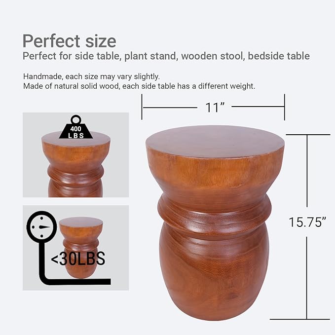 Athaliah Small Tree Stump Side Table Nightstand – 15.75”H Solid Paulownia Wood End Table, Lightweight Rustic Accent Stool, Natural Wood Plant Stand for Living Room, Bedroom & Small Spaces