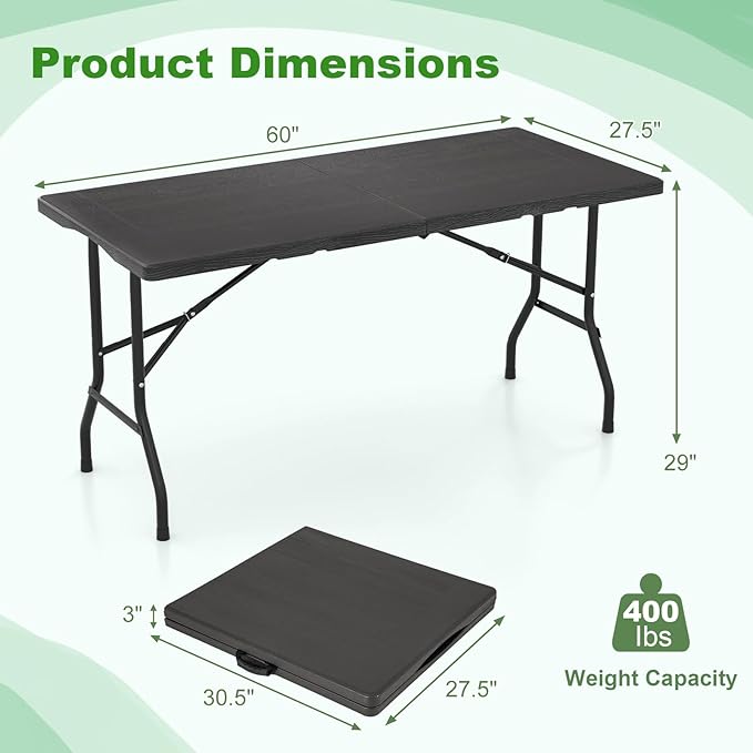 Tangkula 5FT Folding Table, Indoor Outdoor Foldable Plastic Table with HDPE Tabletop, Sturdy Metal Fame, Carrying Handle, 4-6 Person Picnic Table for Camping BBQ Party