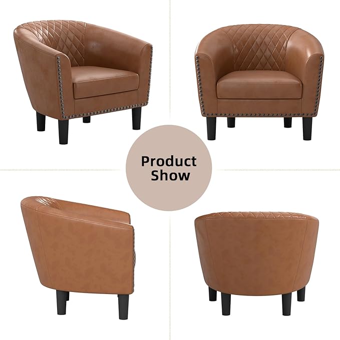 INZOY Modern Accent Chair with Ottoman for Small Space, Club Chair with Ottoman Set, Comfy PU Leather Barrel Reading Chairs for Living Room Bedroom, Round Reading Chair with Foot Rest, Light Brown
