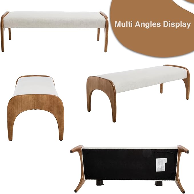DUOMAY Modern 51" Wide Ottoman Bench, Long Entryway Bedroom Bench with Solid Wood Legs and Linen Upholstered Dining Bench Storage Bench for Living Room Indoor, Kitchen, White