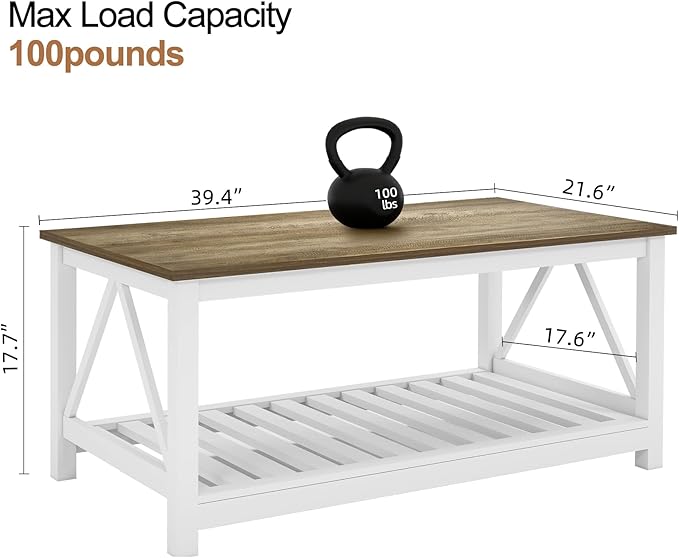 UYIHOME Farmhouse Coffee Table for Living Room, 2-Tier Rectangular Wooden Centre Cocktail Table with Slats Shelf Storage and V-Shaped Frame (Walnut Top)
